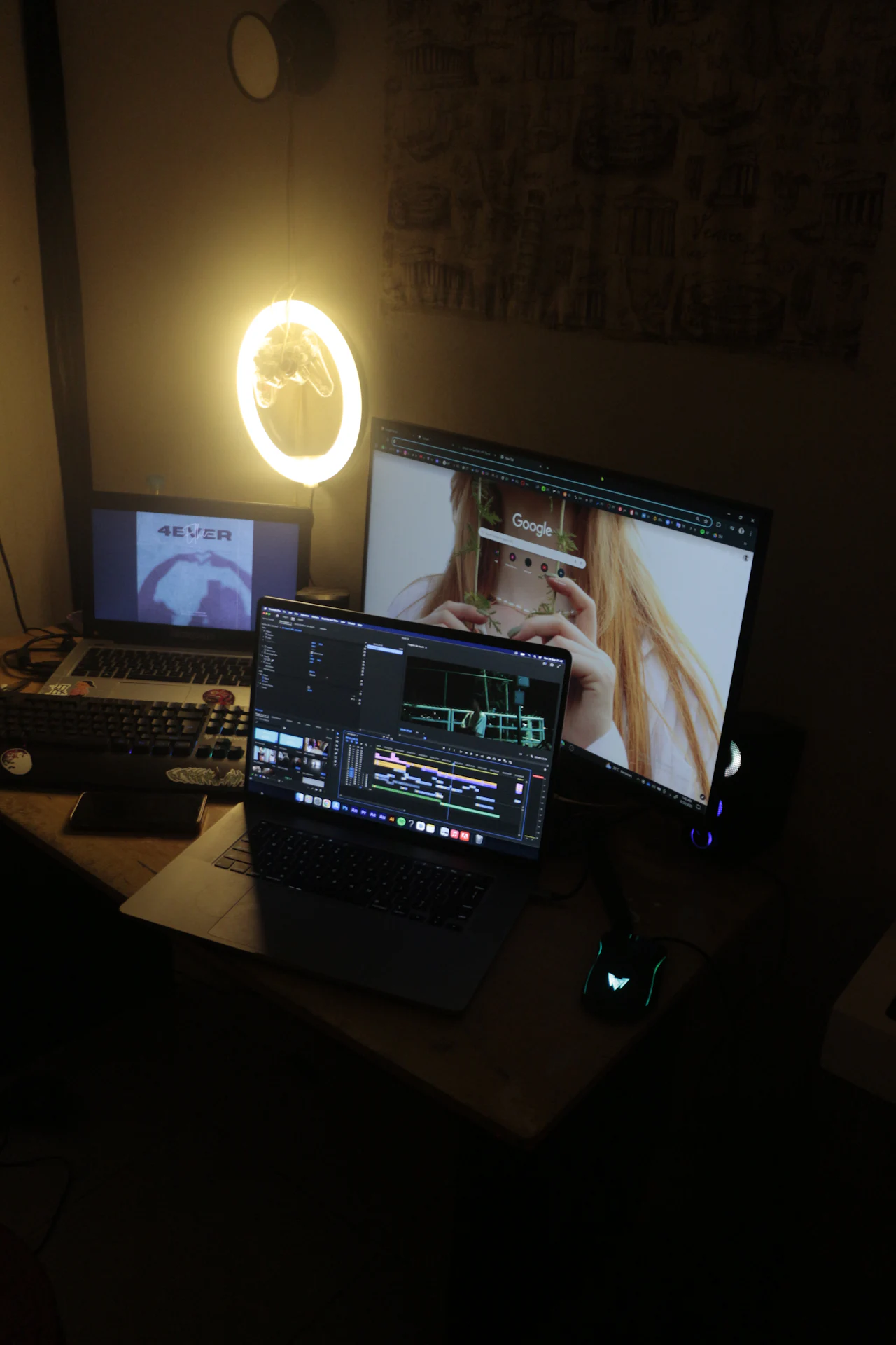 Content creation desk with a ring light and monitor